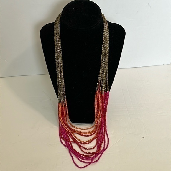 Boho Waterfall Of Multi Strand Red, Orange Beads Gold Braided Necklace